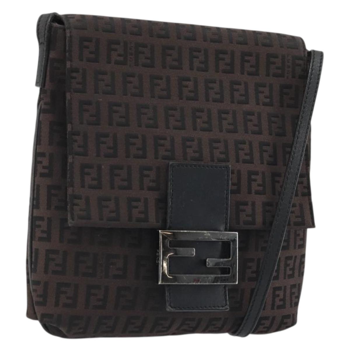 FENDI Zucchino Canvas Mamma Baguette Shoulder Bag Brown Black Auth YKZ1035A
