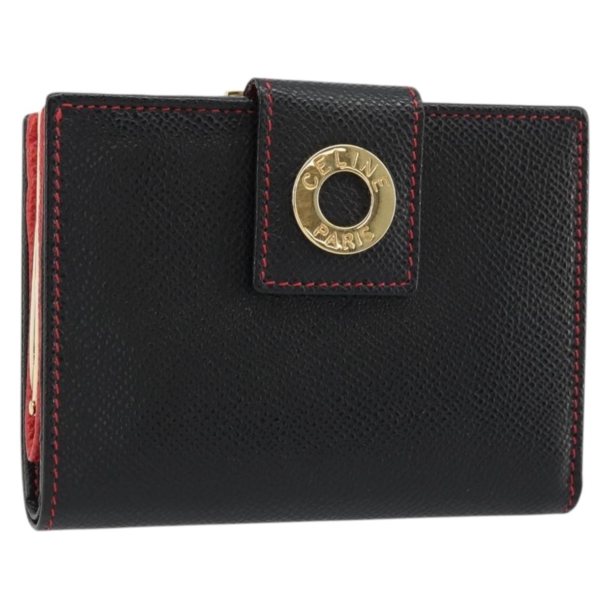 CELINE Circle Compact Wallet Leather Black Gold Auth YKZ1057A