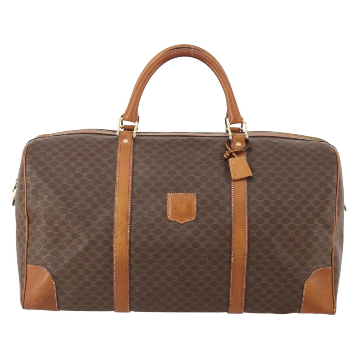 CELINE Macadam Canvas Boston Bag PVC Leather Brown Gold Auth YKZ107