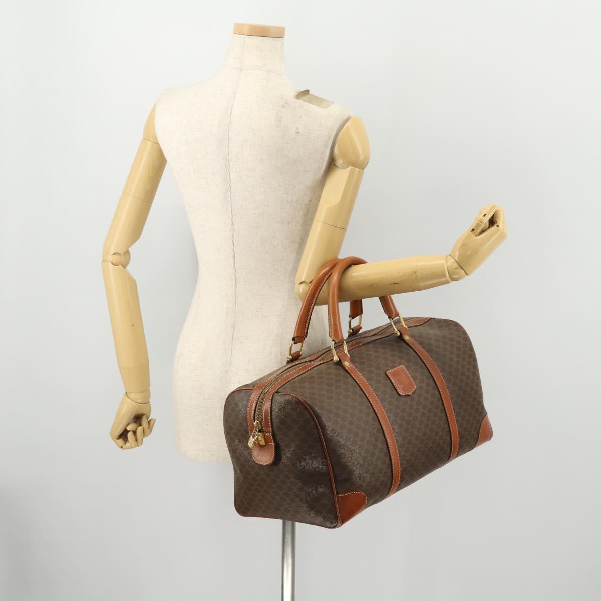 CELINE Macadam Canvas Boston Bag PVC Leather Brown Gold Auth YKZ108