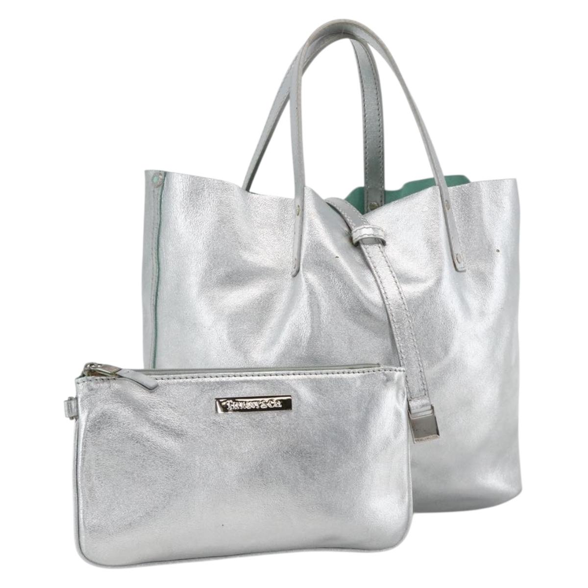 TIFFANY&Co. Reversible Tote Bag Leather Silver Auth YKZ1080
