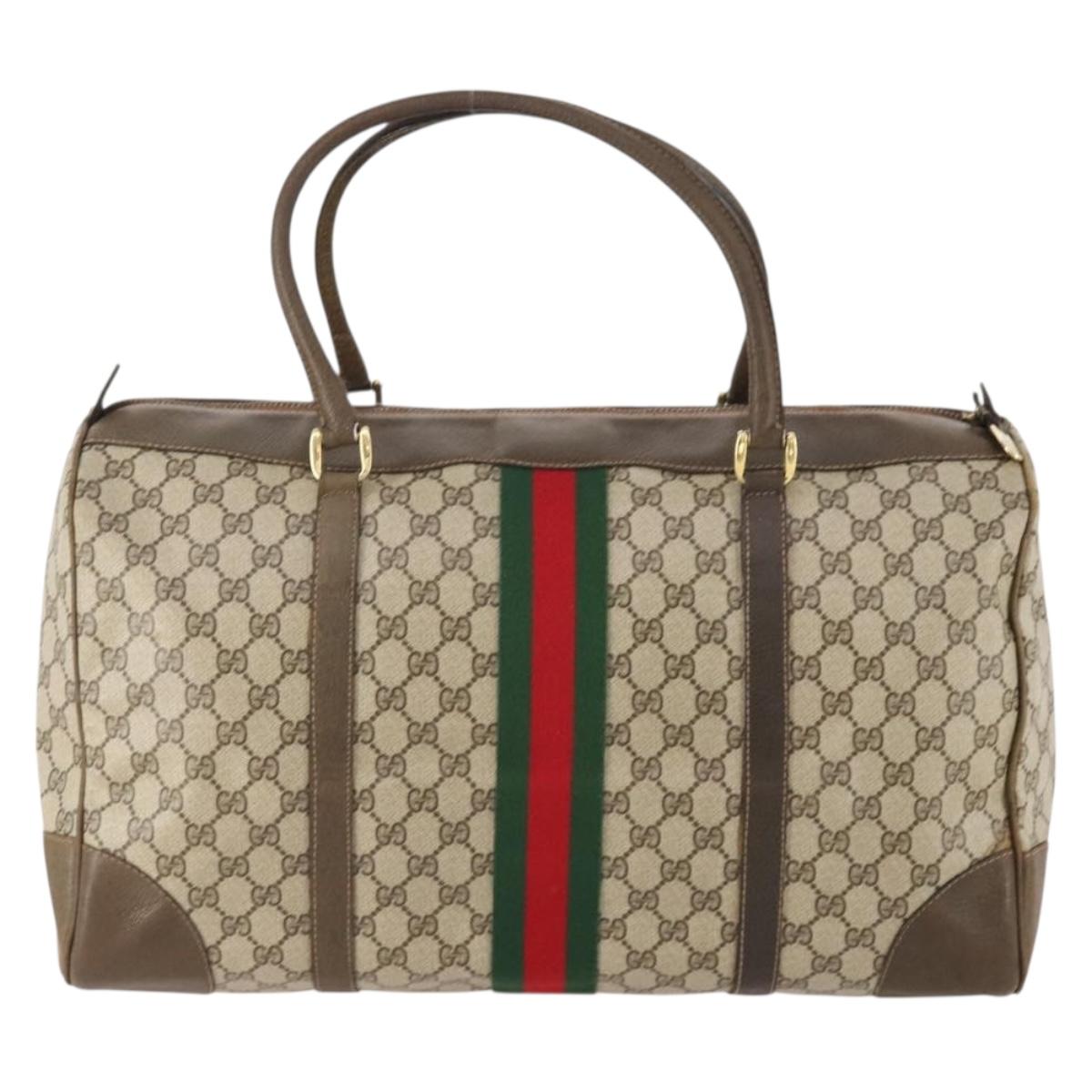 GUCCI GG Supreme Web Sherry Line Boston Bag PVC Beige Gold Red Auth YKZ109A