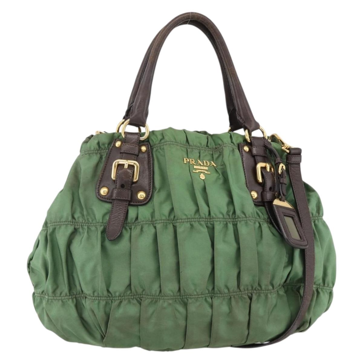 PRADA Hand Bag Nylon 2way Green Gold Auth YKZ1101