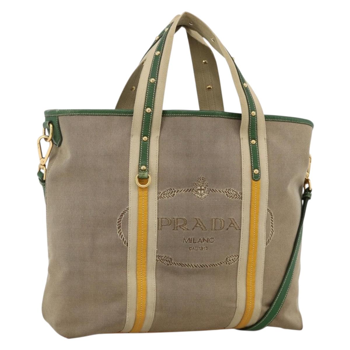 PRADA Tote Bag Canvas 2way Beige Gold Auth YKZ1102