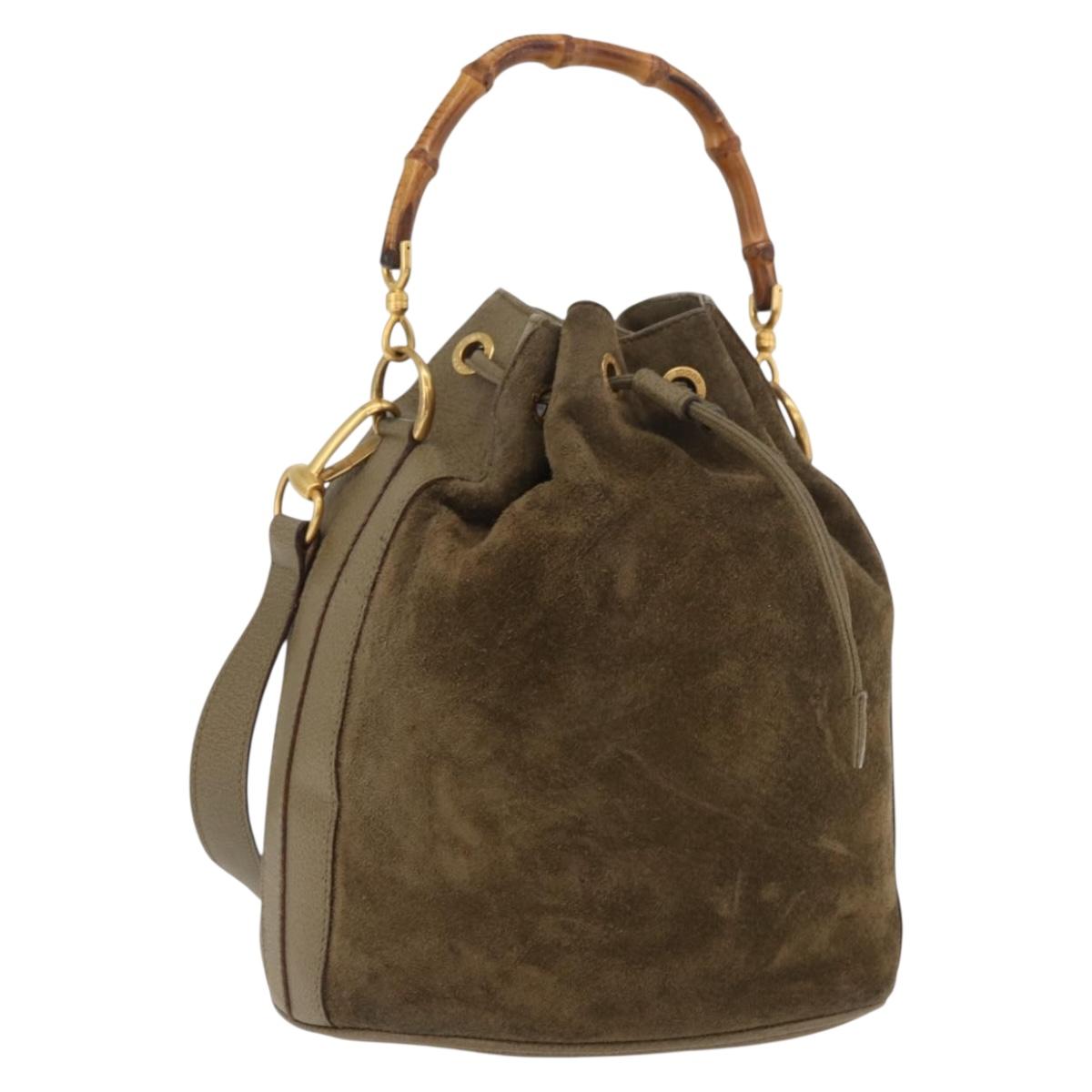 GUCCI Bamboo Purse Bag Suede 2way Khaki Gold 001 2865 1657 Auth YKZ1119A