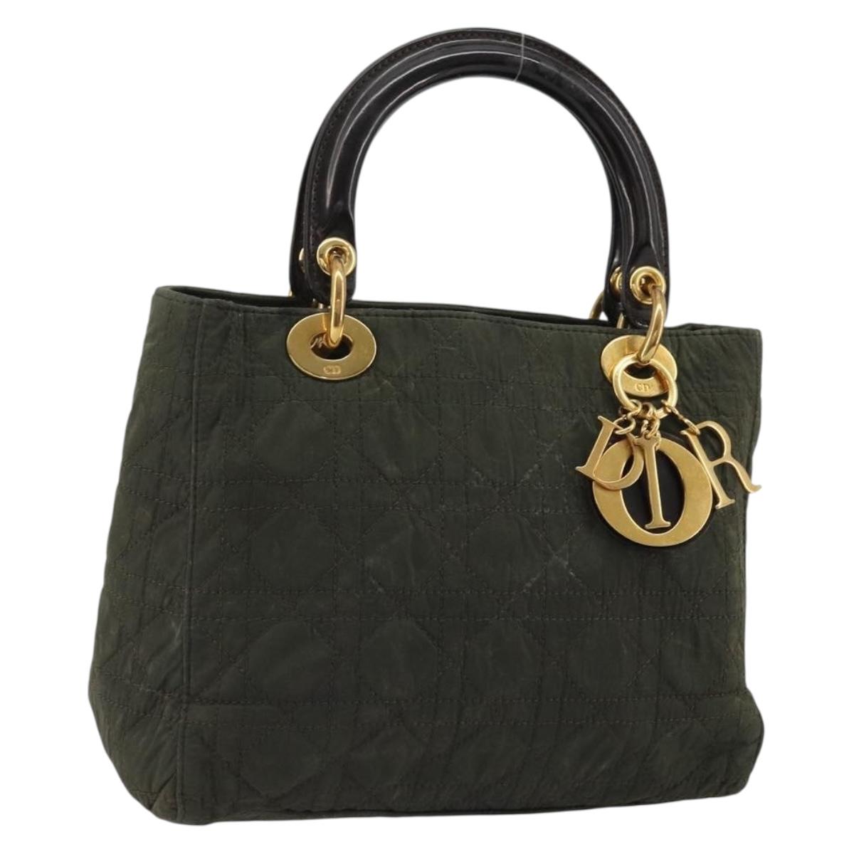 Christian Dior Lady Dior Hand Bag Nylon Khaki Gold Auth YKZ1121