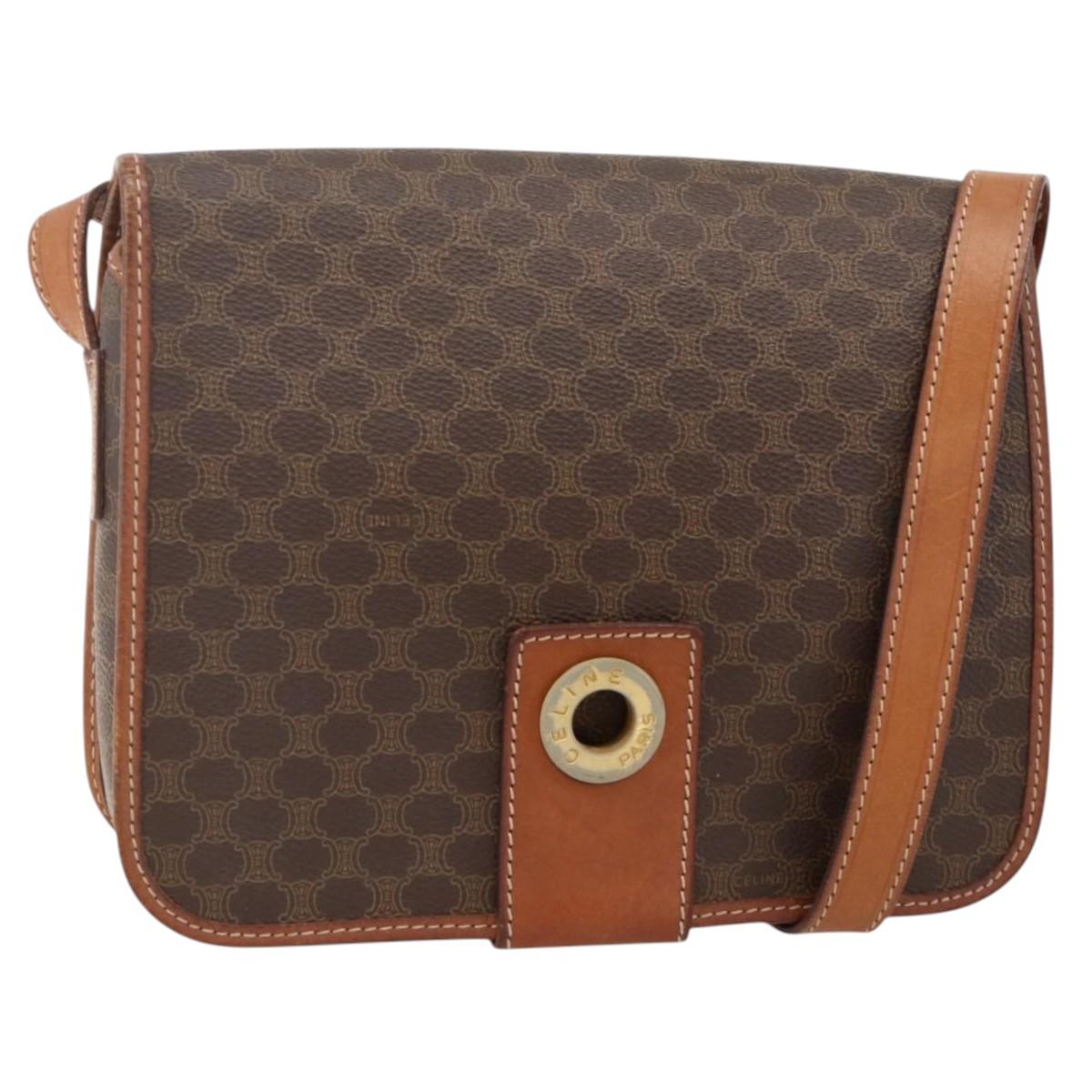 CELINE Macadam Canvas Circle Shoulder Bag PVC Leather Brown Gold Auth YKZ1134
