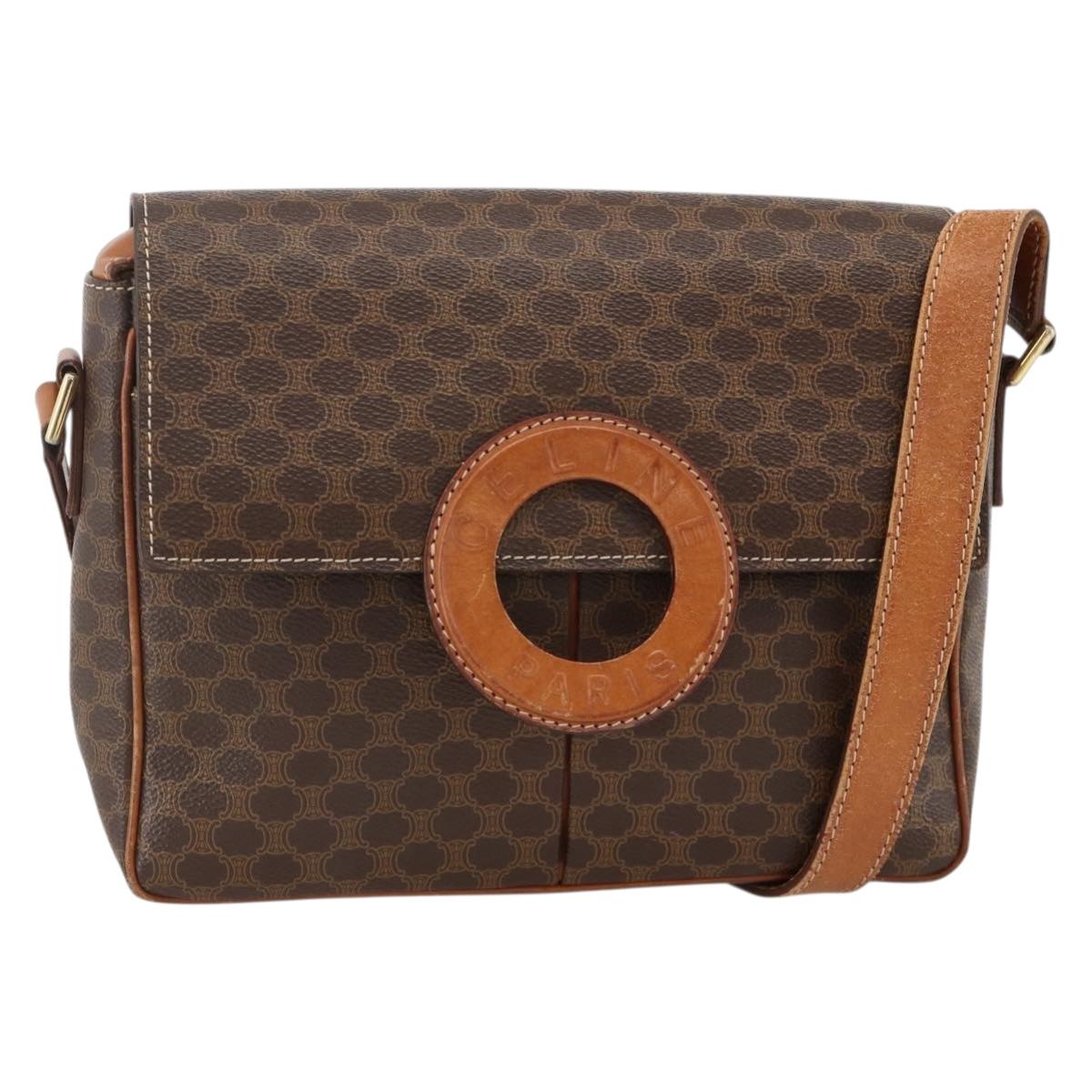 CELINE Macadam Canvas Circle Shoulder Bag PVC Leather Brown Gold Auth YKZ1143