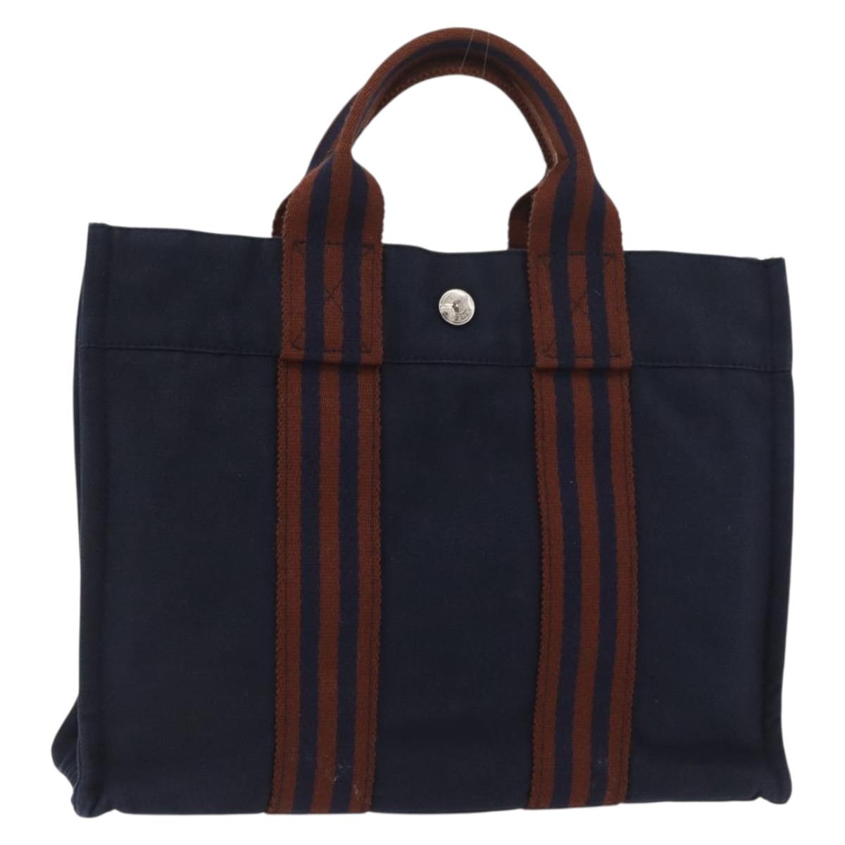 HERMES Fourre Tout PM Tote Bag Canvas Navy Silver Auth YKZ1144A
