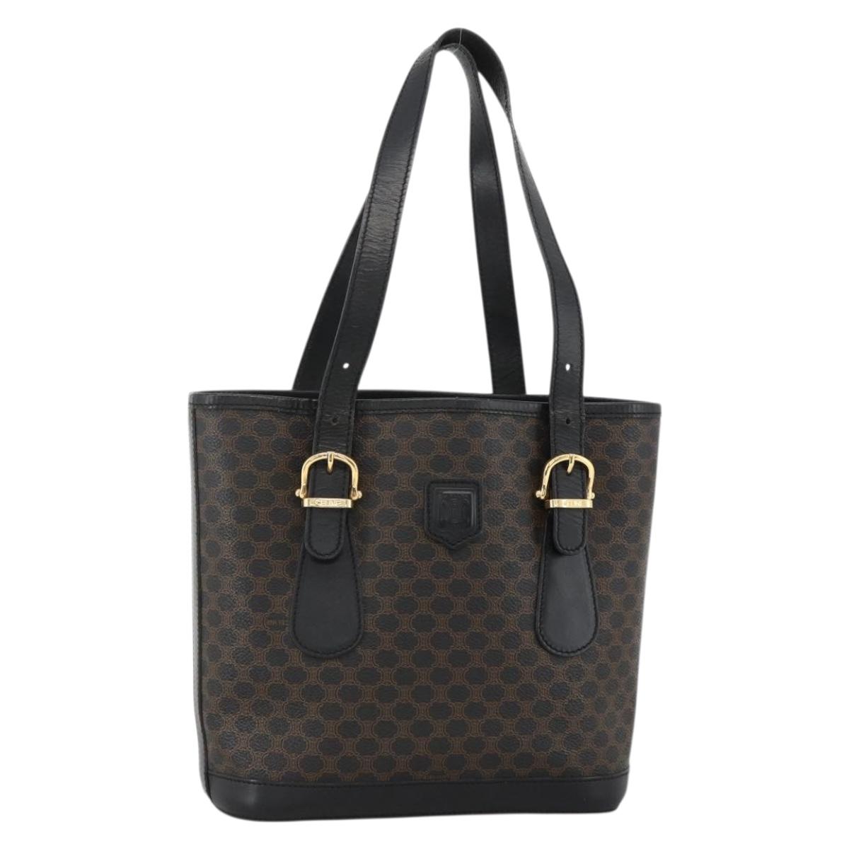 CELINE Macadam Canvas Tote Bag PVC Leather Black Gold Auth YKZ1148