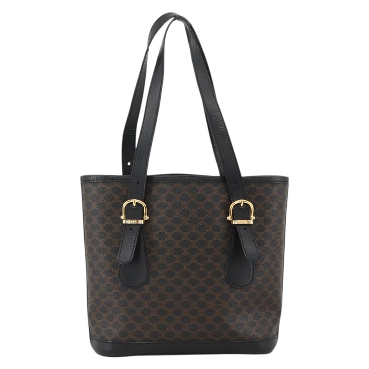CELINE Macadam Canvas Tote Bag PVC Leather Black Gold Auth YKZ1148