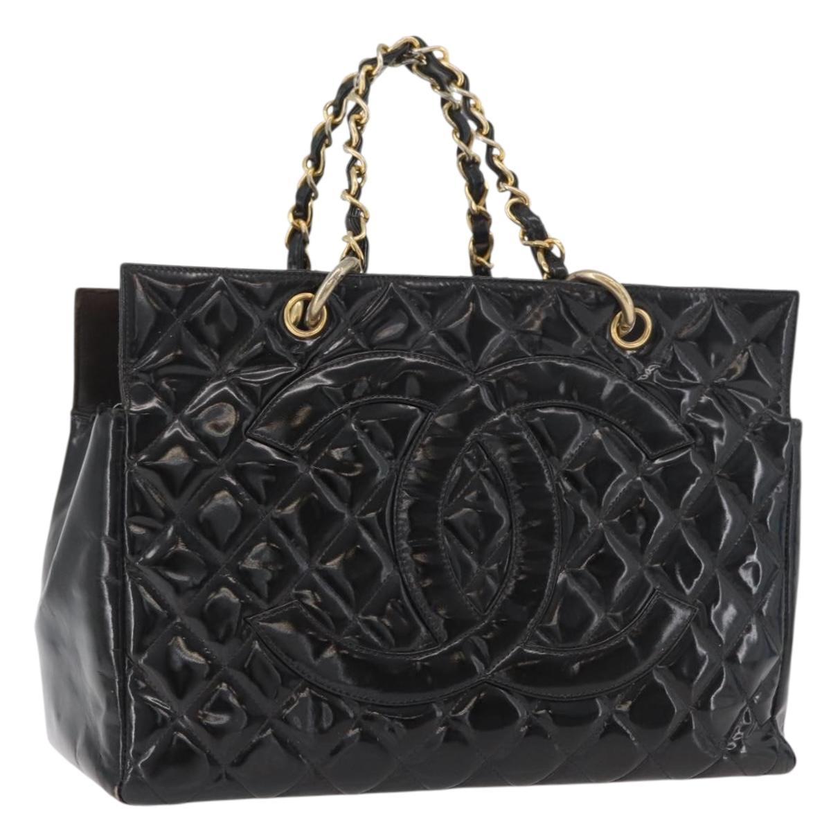 CHANEL Matelasse Chain Hand Bag Patent Leather Black Gold CC Auth YKZ1156A