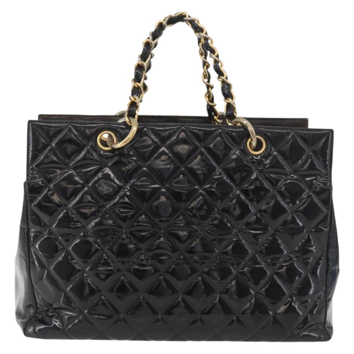 CHANEL Matelasse Chain Hand Bag Patent Leather Black Gold CC Auth YKZ1156A
