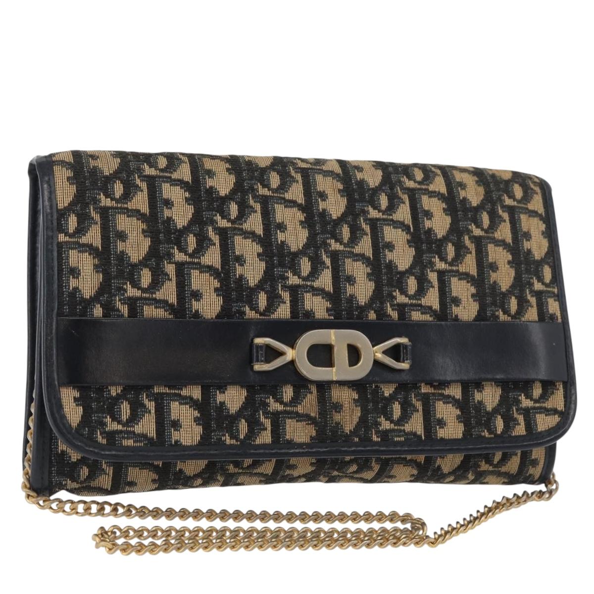 Christian Dior Trotter Canvas Chain Shoulder Bag Navy Gold Auth YKZ1195