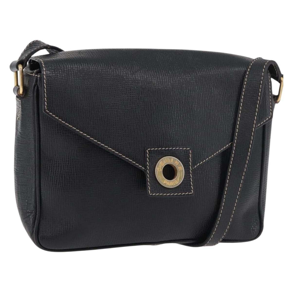 CELINE Circle Shoulder Bag Leather Black Gold Auth YKZ1232A