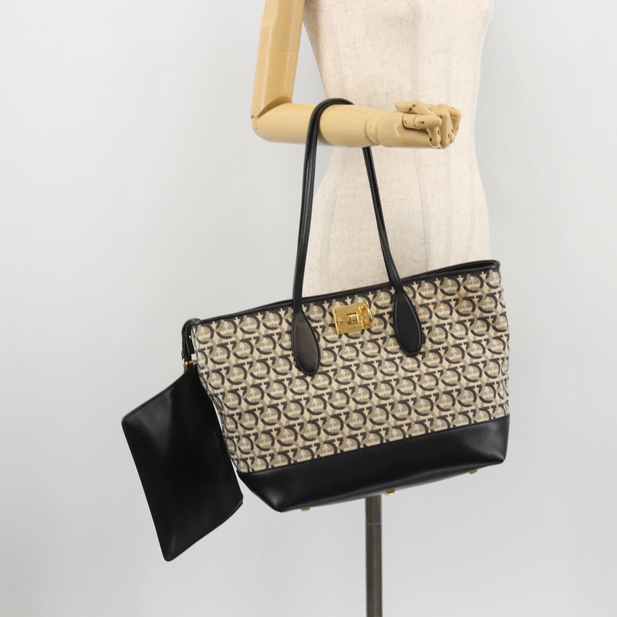 Salvatore Ferragamo Gancini Tote Bag Canvas Black Gold Auth YKZ1252A