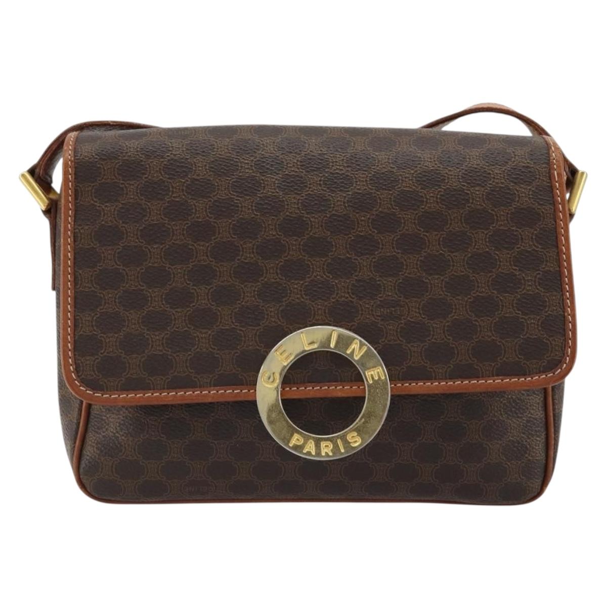 CELINE Macadam Canvas Circle Shoulder Bag PVC Leather Brown Gold Auth YKZ1254A