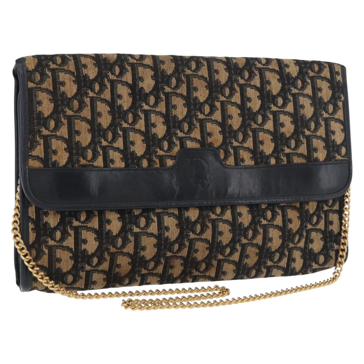 Christian Dior Trotter Canvas Chain Shoulder Bag Navy Gold Auth YKZ1289