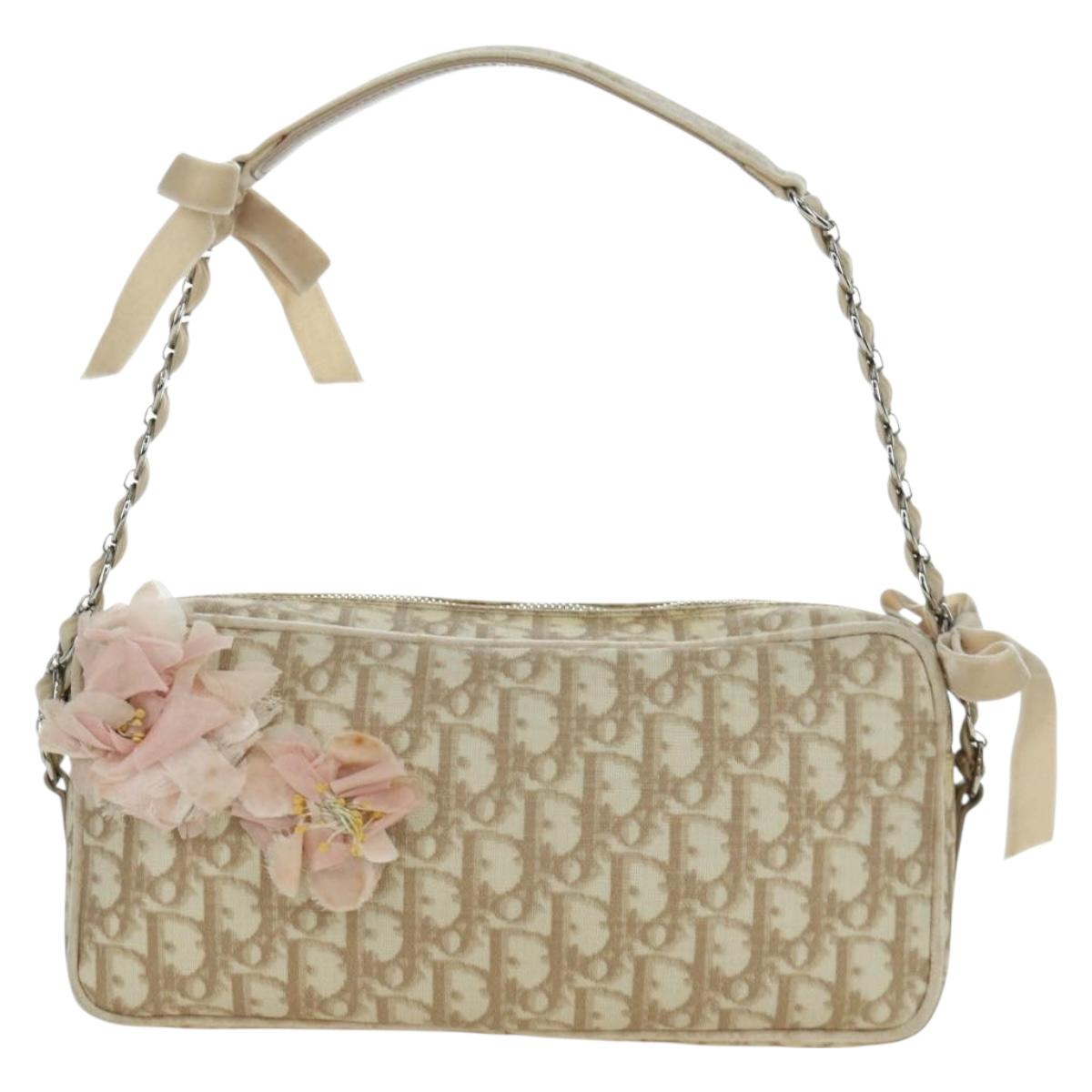 Christian Dior Trotter Canvas Girly Bag PVC Leather Beige Silver Auth YKZ130SAV