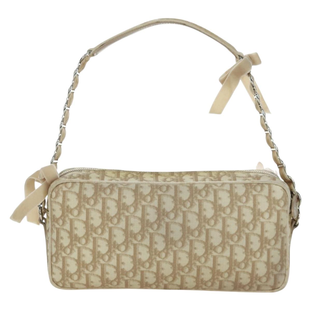 Christian Dior Trotter Canvas Girly Bag PVC Leather Beige Silver Auth YKZ130SAV