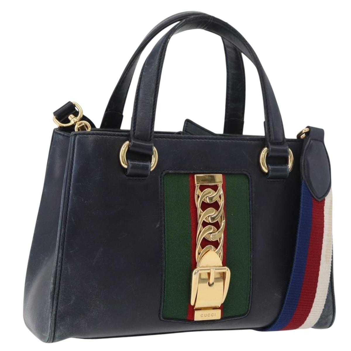 GUCCI Silvi Hand Bag Leather 2way Navy Gold 460381 Auth YKZ1323A