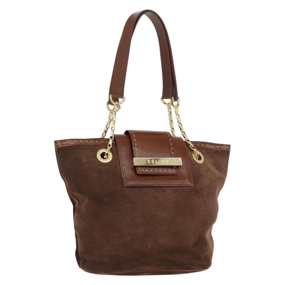 CELINE Chain Tote Bag Suede Brown Gold Auth YKZ133