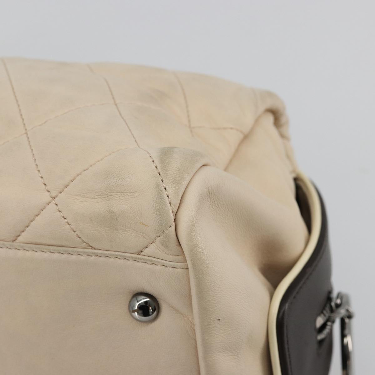 CHANEL Matelasse Boston Bag Lamb Skin Ivory Silver CC Auth YKZ1338A