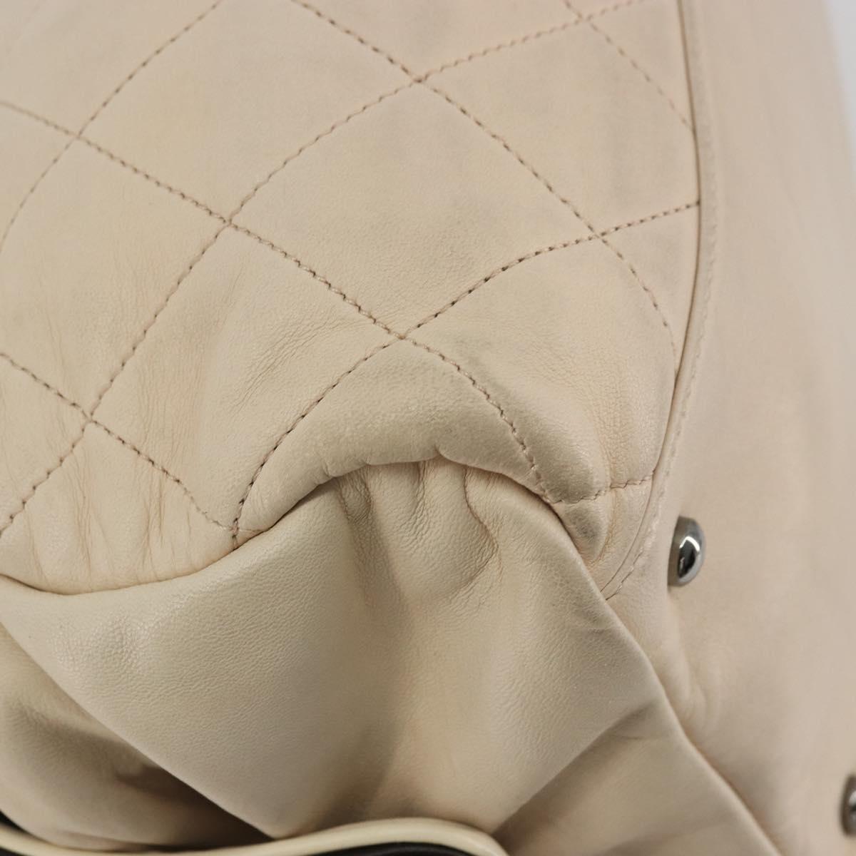 CHANEL Matelasse Boston Bag Lamb Skin Ivory Silver CC Auth YKZ1338A