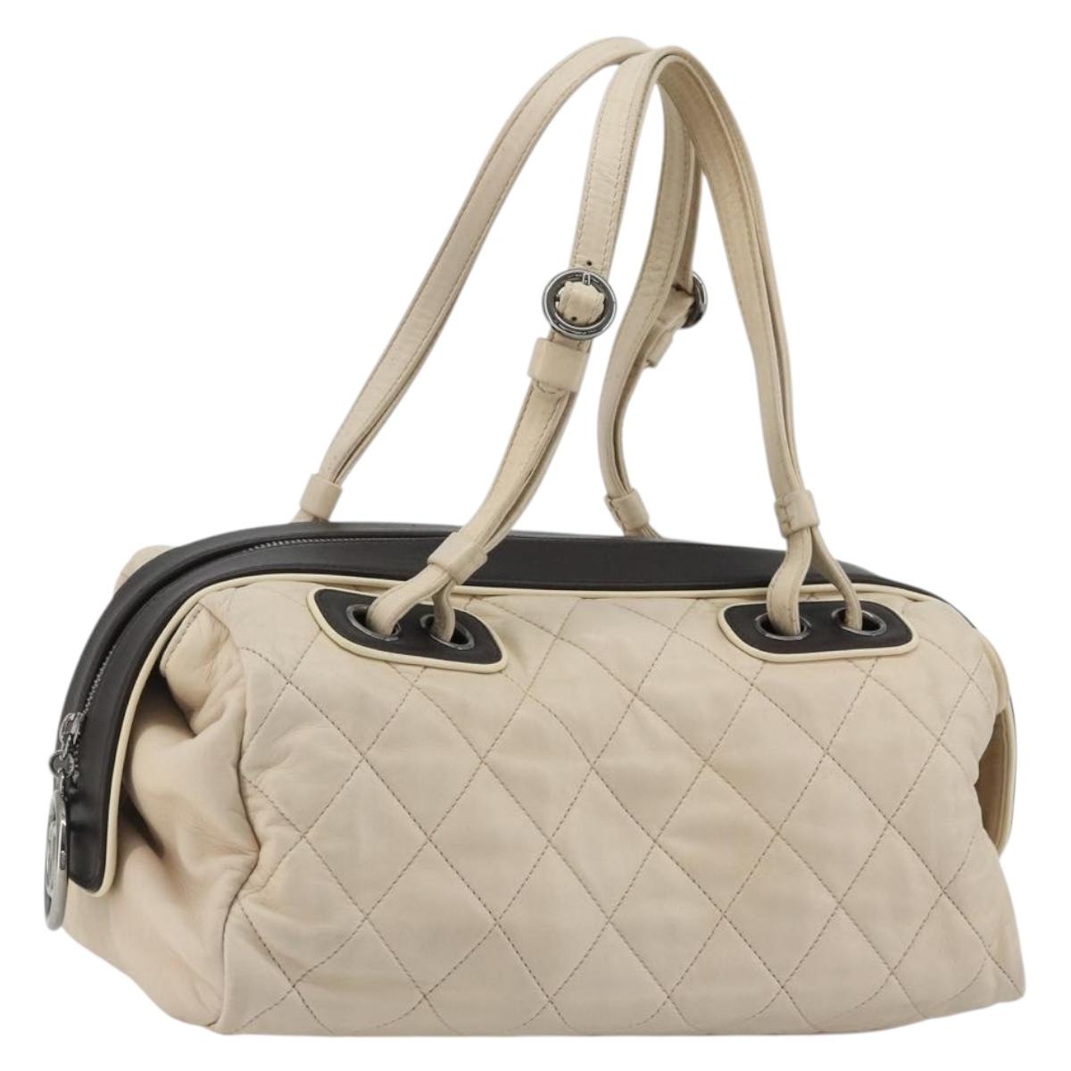 CHANEL Matelasse Boston Bag Lamb Skin Ivory Silver CC Auth YKZ1338A