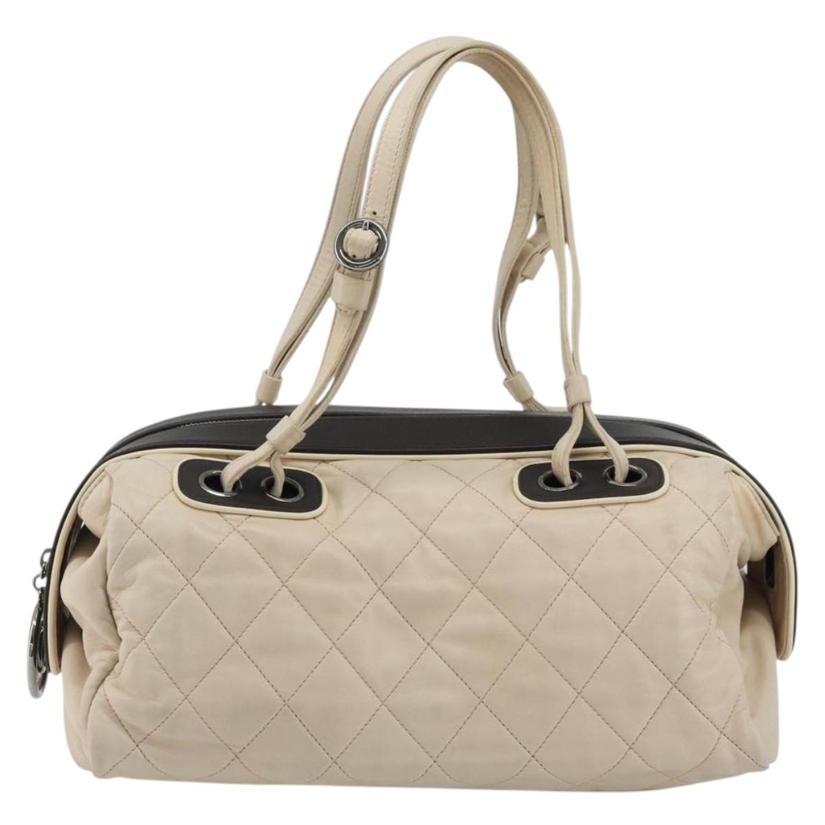 CHANEL Matelasse Boston Bag Lamb Skin Ivory Silver CC Auth YKZ1338A