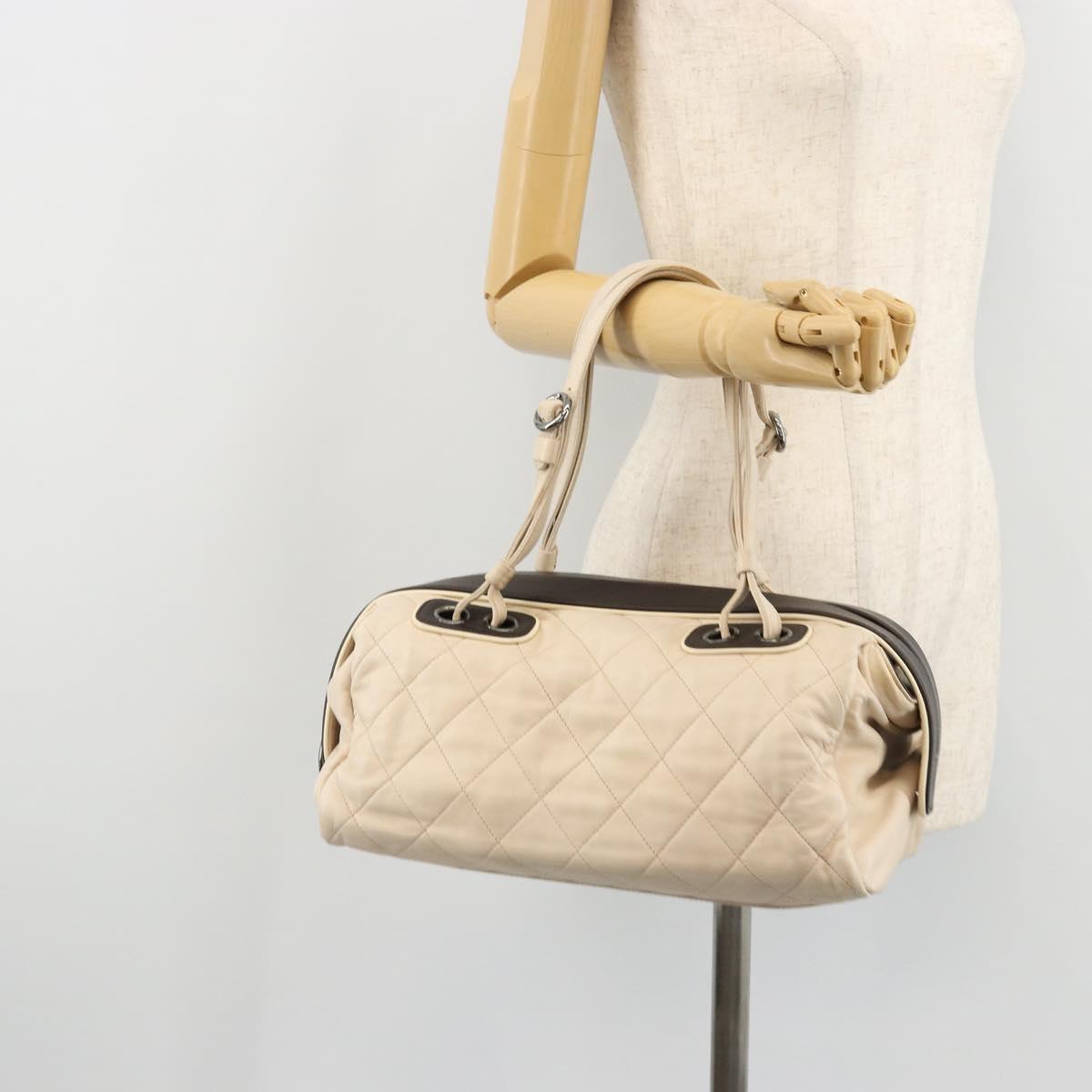CHANEL Matelasse Boston Bag Lamb Skin Ivory Silver CC Auth YKZ1338A
