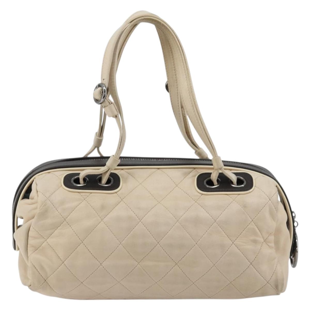 CHANEL Matelasse Boston Bag Lamb Skin Ivory Silver CC Auth YKZ1338A