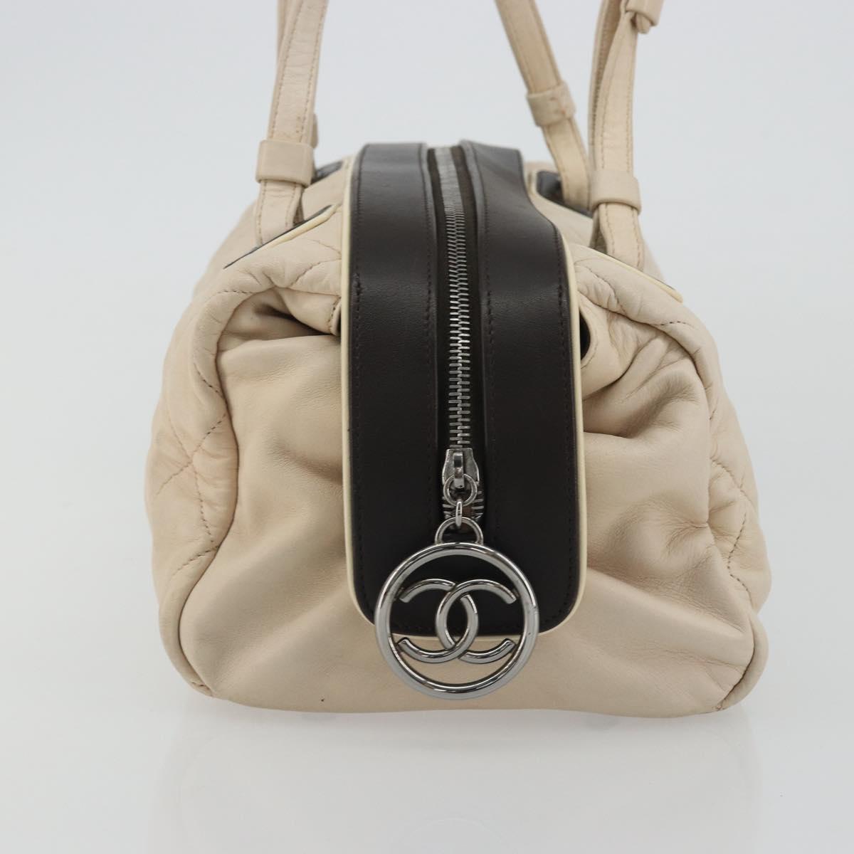 CHANEL Matelasse Boston Bag Lamb Skin Ivory Silver CC Auth YKZ1338A