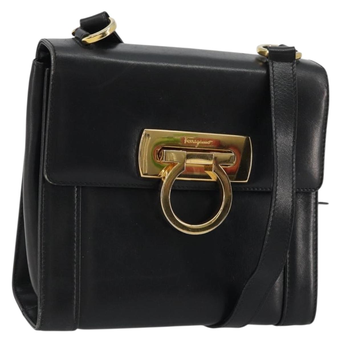 Salvatore Ferragamo Gancini Shoulder Bag Leather Black Gold Auth YKZ1355A