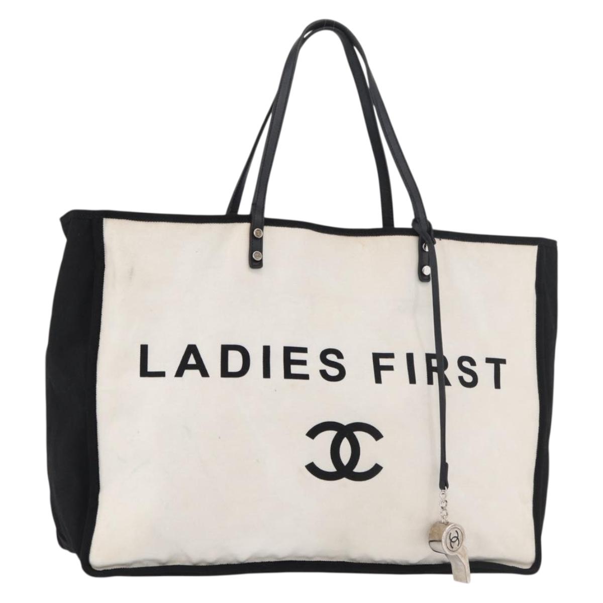 CHANEL Ladies First Tote Bag Canvas White Silver CC Auth YKZ1356A