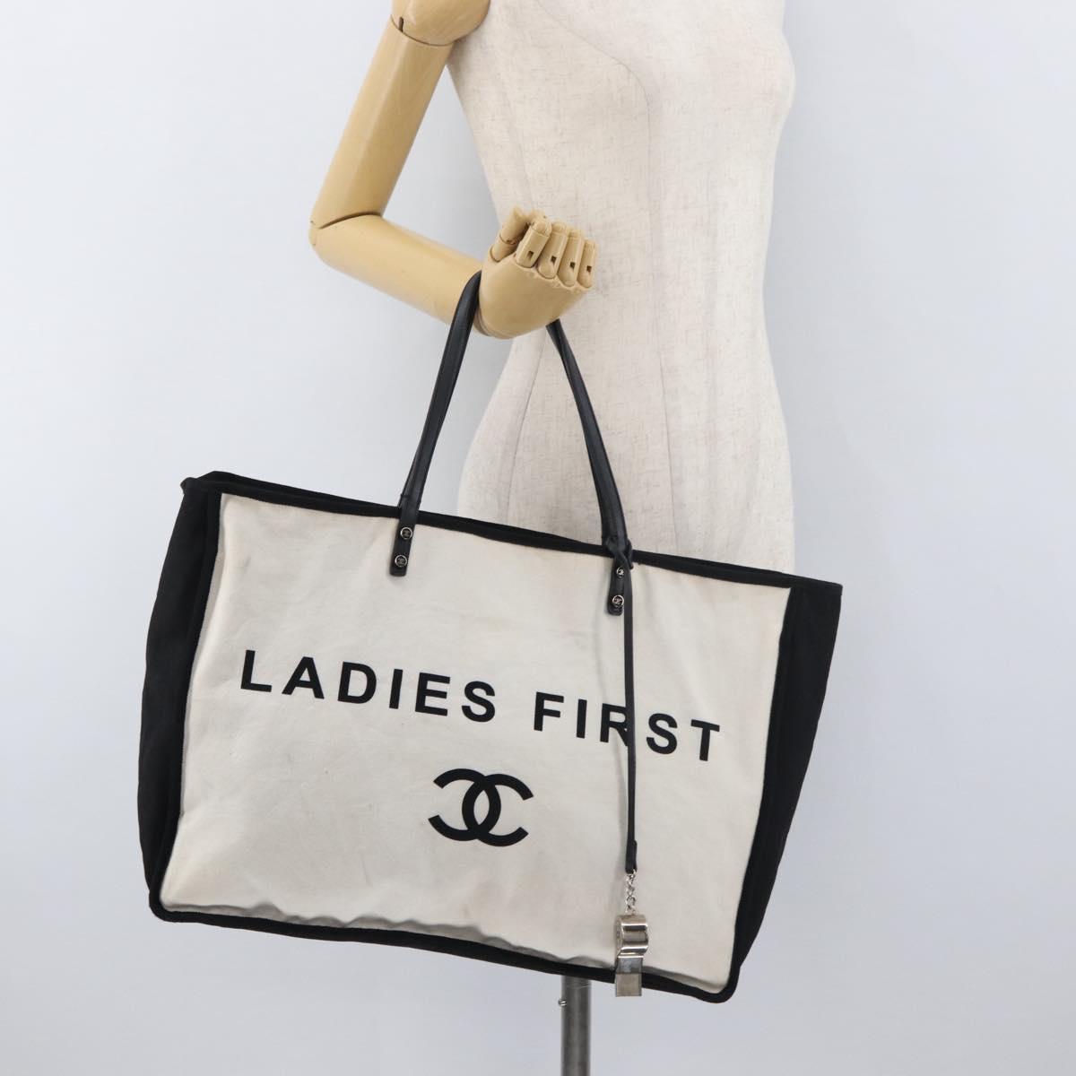 CHANEL Ladies First Tote Bag Canvas White Silver CC Auth YKZ1356A