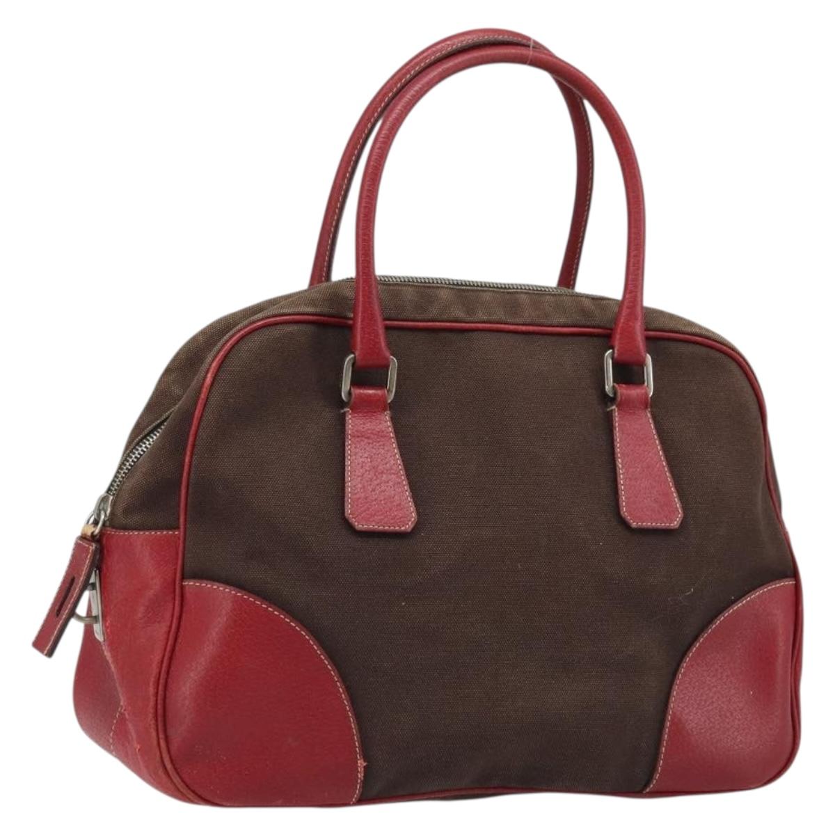 PRADA Hand Bag Canvas Brown Silver Auth YKZ137