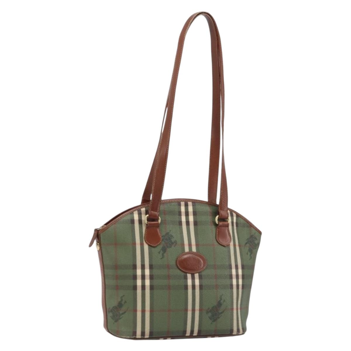 Burberrys Nova Check Tote Bag PVC Leather Green Gold Auth YKZ143