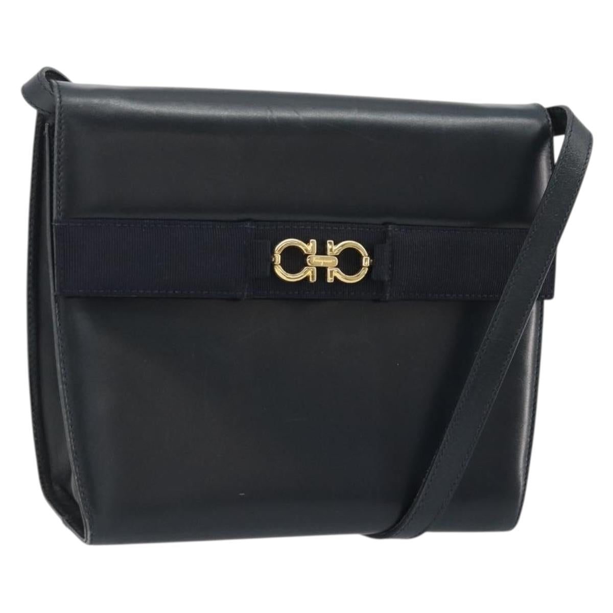 Salvatore Ferragamo Gancini Shoulder Bag Leather Navy Gold Auth YKZ1453A