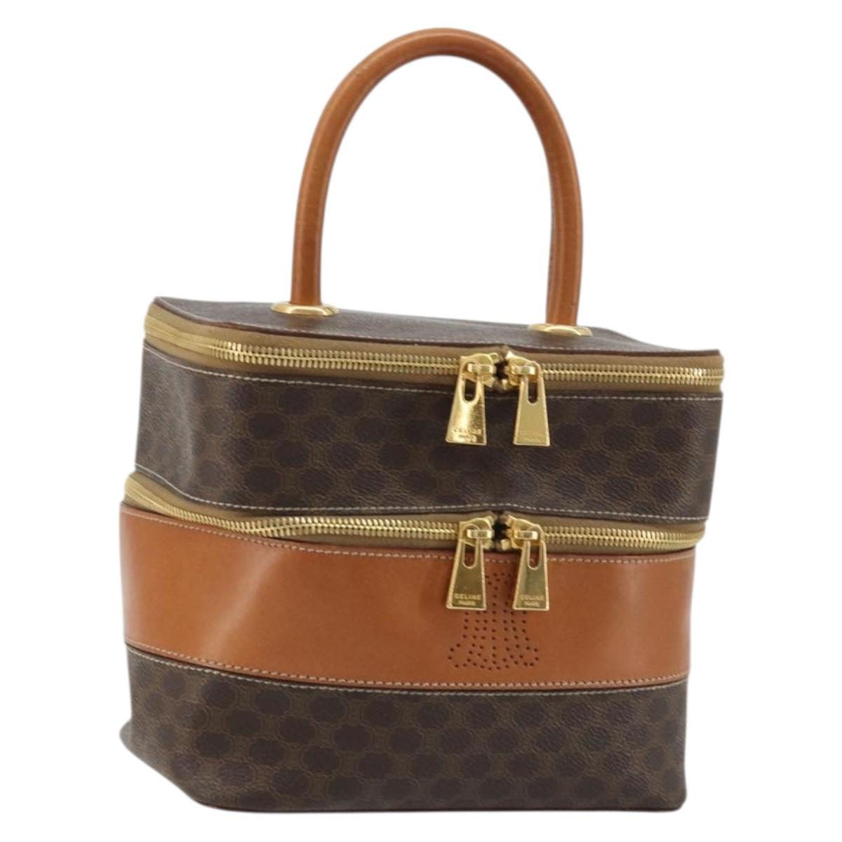 CELINE Macadam Canvas Vanity Hand Bag PVC Leather Brown Gold Auth YKZ1479A