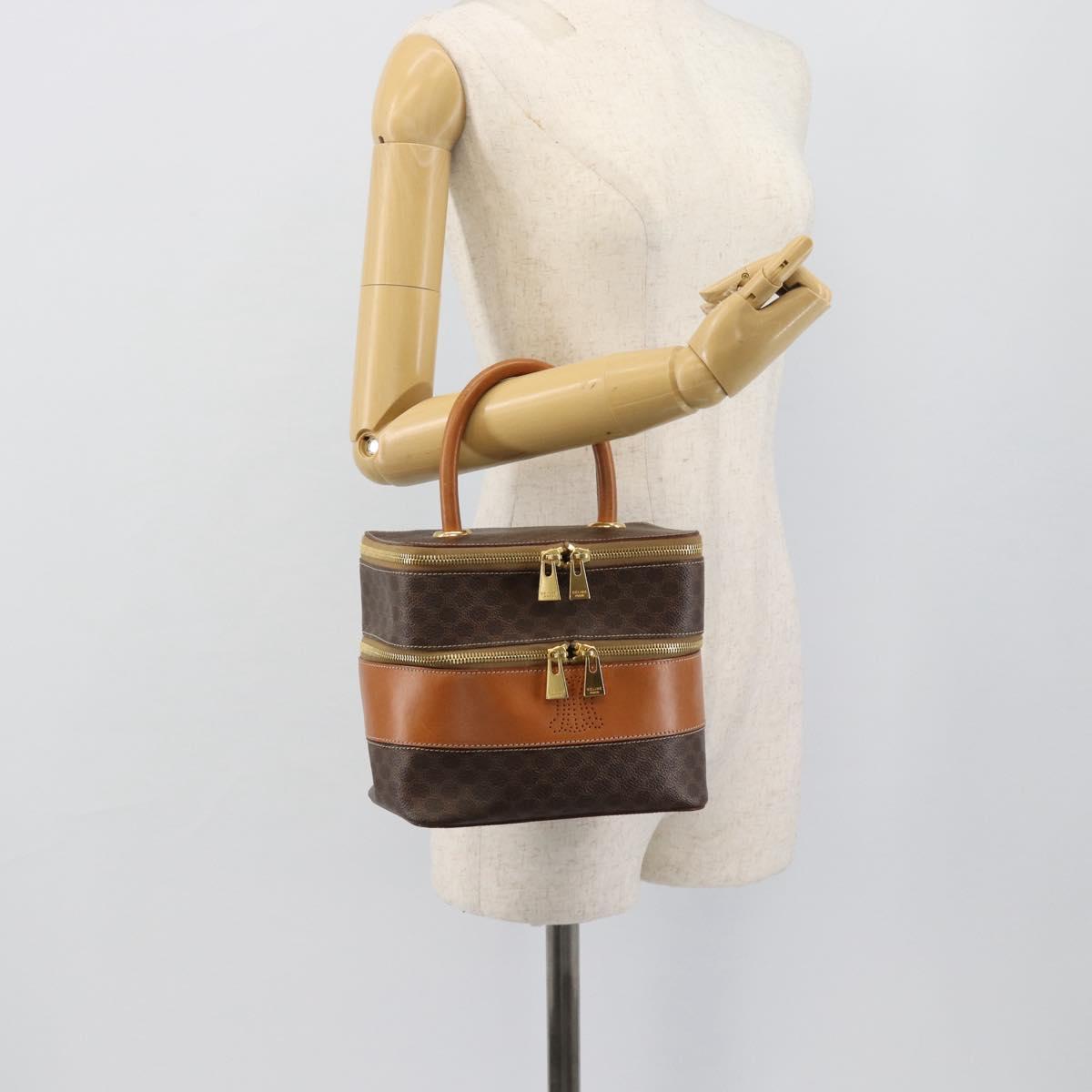 CELINE Macadam Canvas Vanity Hand Bag PVC Leather Brown Gold Auth YKZ1479A