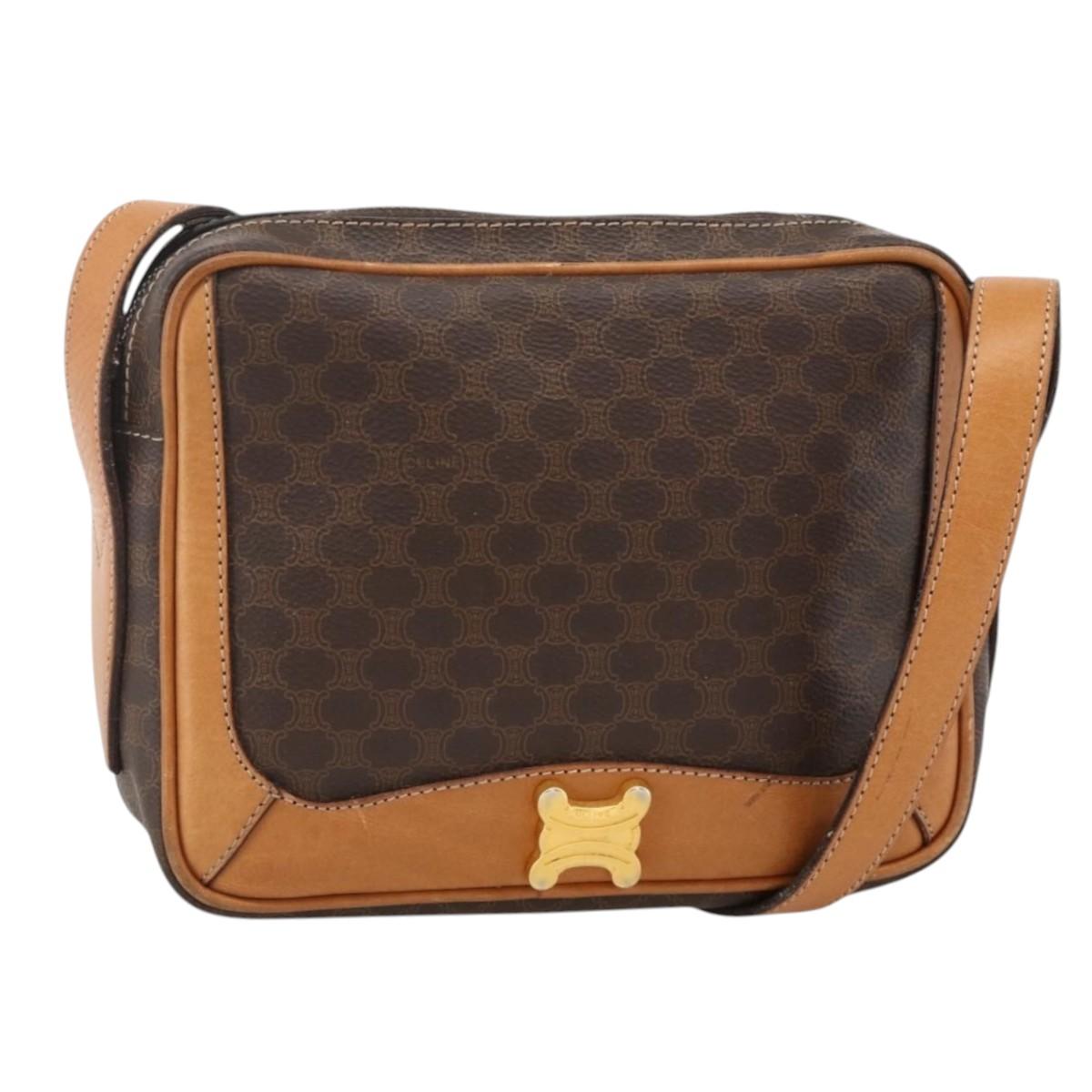 CELINE Macadam Canvas Shoulder Bag PVC Leather Brown Gold Auth YKZ1481