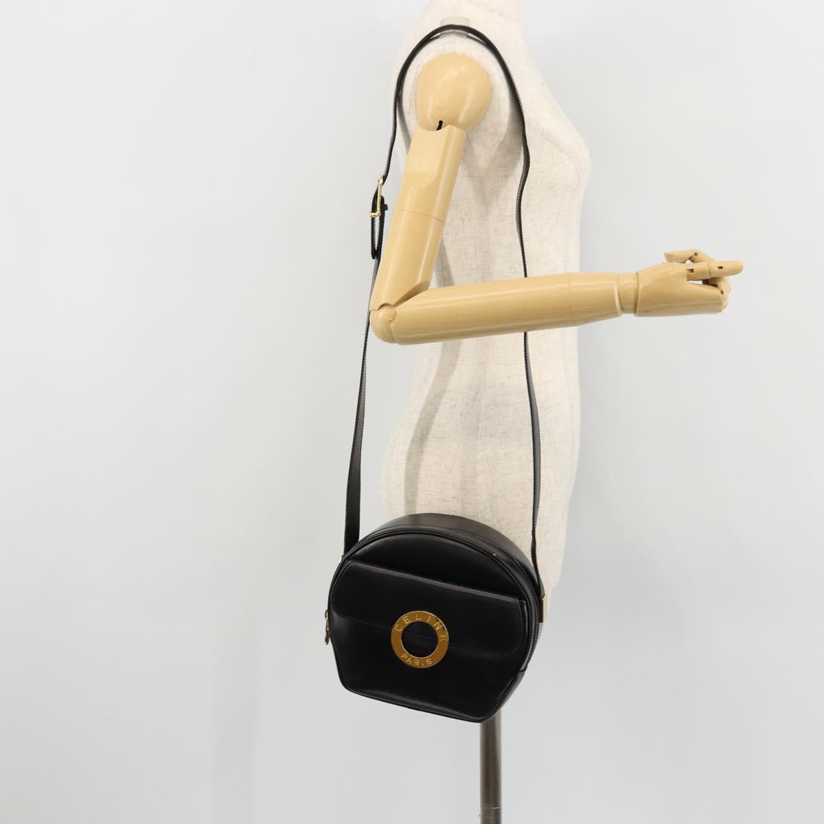 CELINE Circle Shoulder Bag Leather Black Gold Auth YKZ1524A