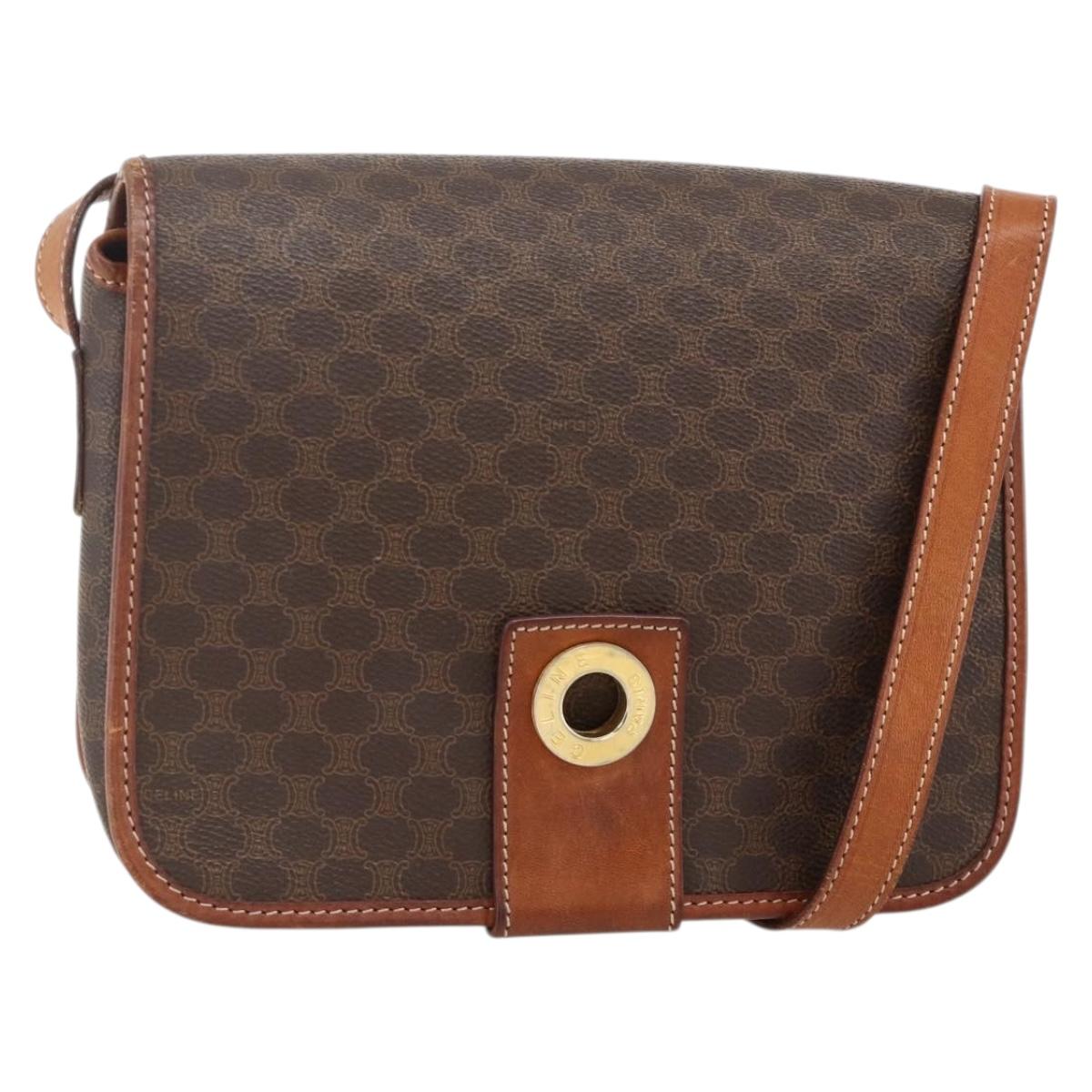 CELINE Macadam Canvas Circle Shoulder Bag PVC Leather Brown Gold Auth YKZ1545A