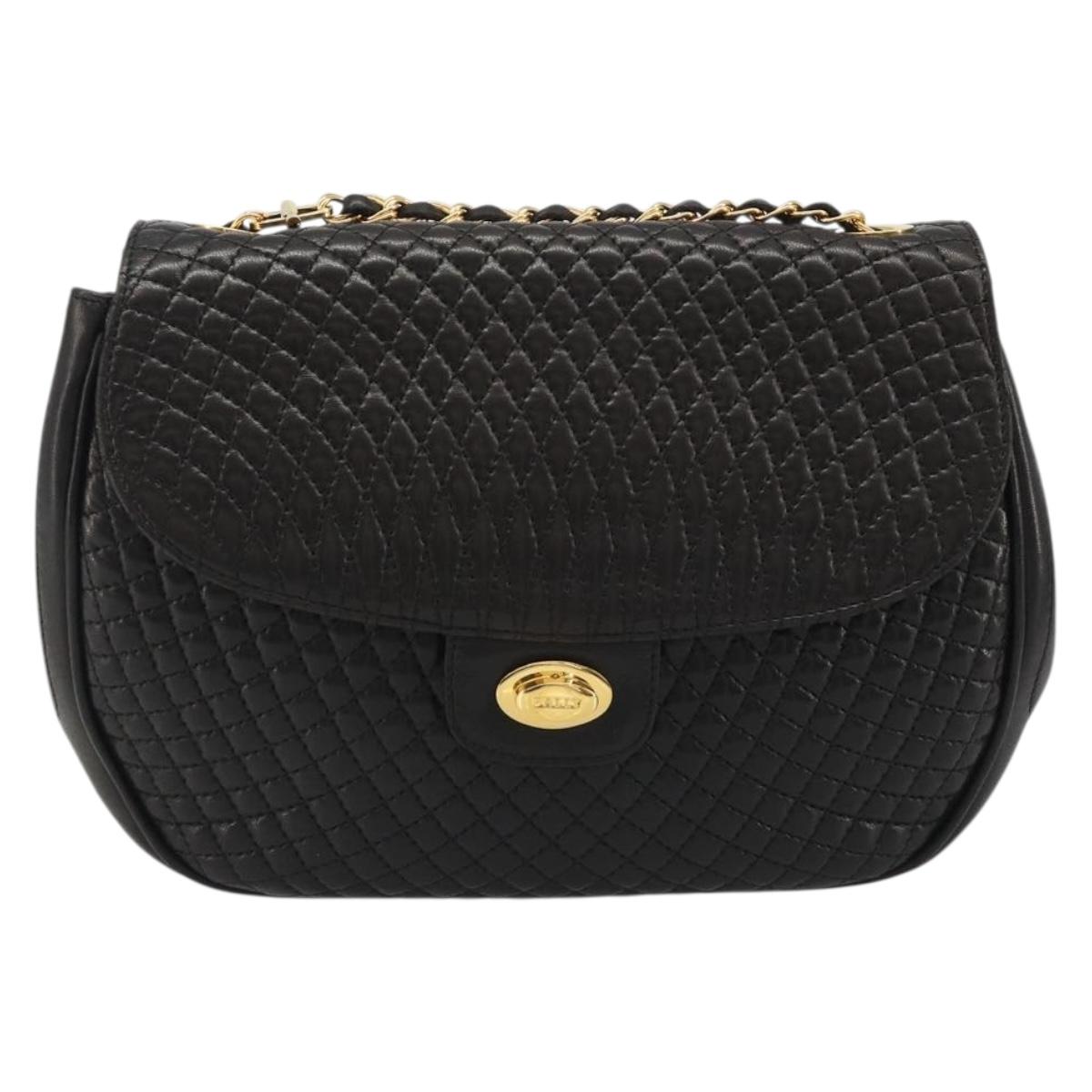 BALLY Chain Shoulder Bag Leather Black Gold Auth YKZ154A