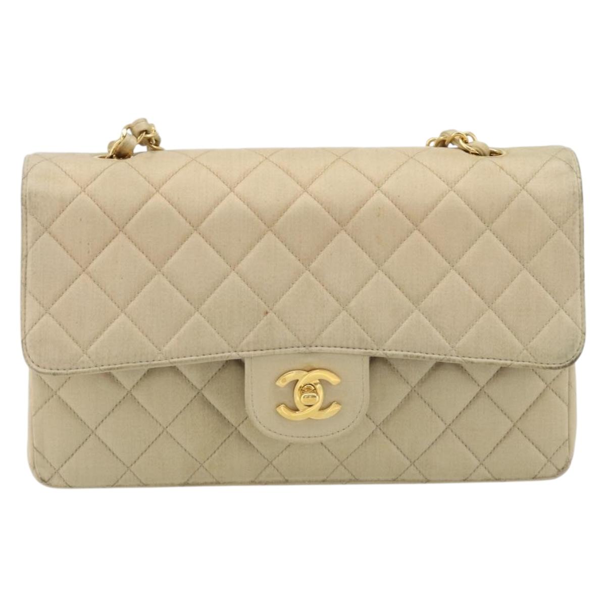 CHANEL Double Flap Double Chain Matelasse 25 Bag Satin Beige CC Auth YKZ1601SAV