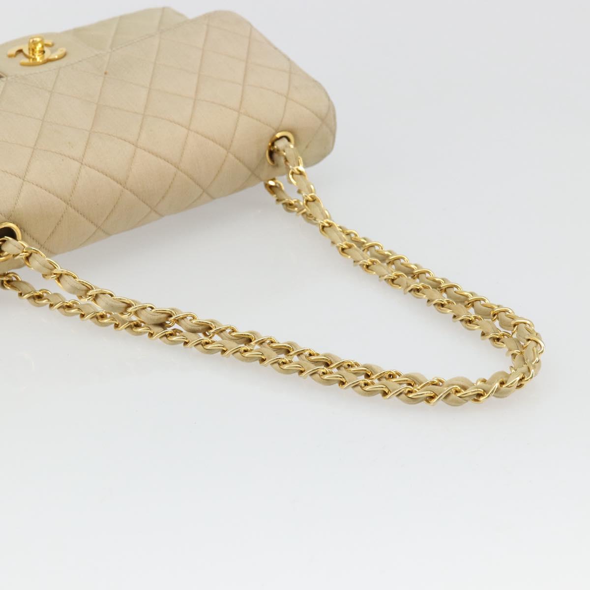 CHANEL Double Flap Double Chain Matelasse 25 Bag Satin Beige CC Auth YKZ1601SAV