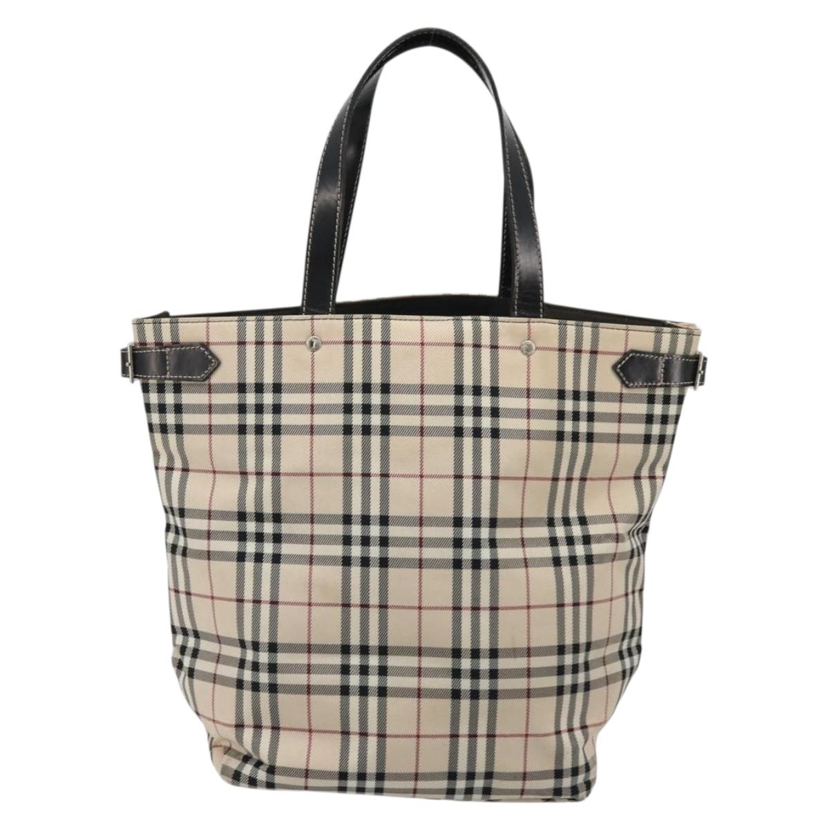 BURBERRY Nova Check Blue Label Tote Bag Nylon Beige Silver Auth YKZ1620