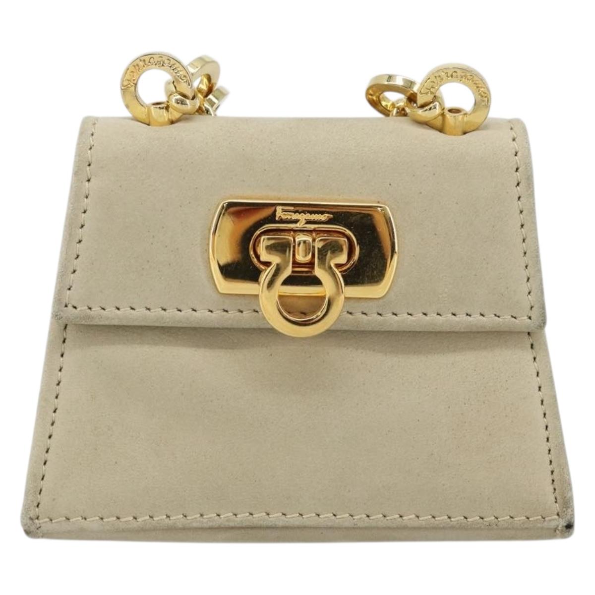 Salvatore Ferragamo Gancini Chain Pouch Bag Suede Beige Gold Auth YKZ1630