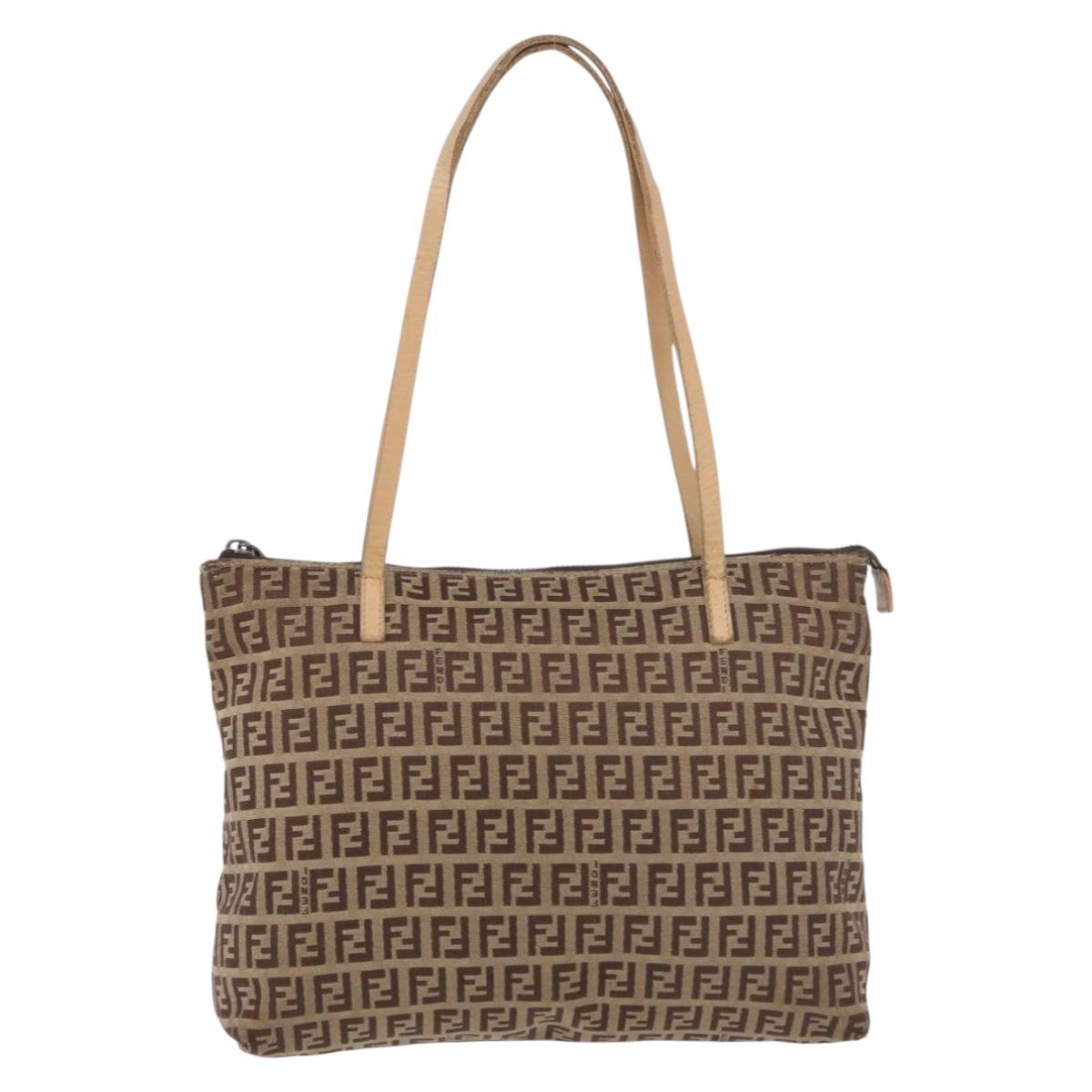 FENDI Zucchino Canvas Hand Bag Beige Silver Auth YKZ207